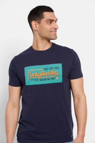 Funky Buddha ανδρικό βαμβακερό T-shirt με squared logo print μπροστά - FBM007-326-04 Σκούρο Μπλε M